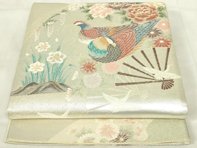 平和屋着物◎佐賀錦　六通柄袋帯　扇面花鳥文　金銀糸　正絹　逸品　DABA5841qp