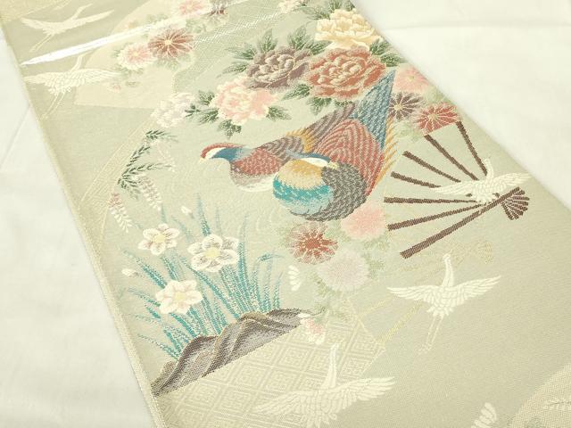 平和屋着物◎佐賀錦　六通柄袋帯　扇面花鳥文　金銀糸　正絹　逸品　DABA5841qp