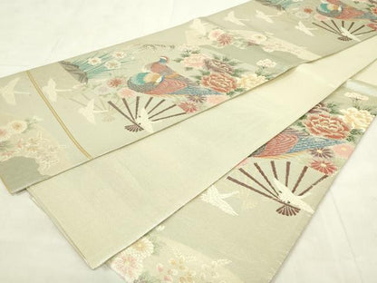 平和屋着物◎佐賀錦　六通柄袋帯　扇面花鳥文　金銀糸　正絹　逸品　DABA5841qp