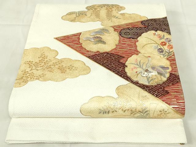 平和屋着物◎太鼓柄袋帯 刺繍 群れ鶴花文 金彩 正絹 逸品 DABA5862qp