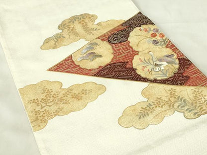 平和屋着物◎太鼓柄袋帯 刺繍 群れ鶴花文 金彩 正絹 逸品 DABA5862qp