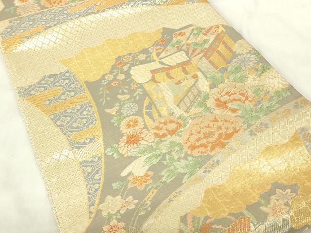 平和屋着物◎宝珠本佐賀錦　六通柄袋帯　九百錦　御所車花鳥文　金糸　正絹　逸品　DABA5867qp
