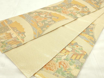 平和屋着物◎宝珠本佐賀錦　六通柄袋帯　九百錦　御所車花鳥文　金糸　正絹　逸品　DABA5867qp