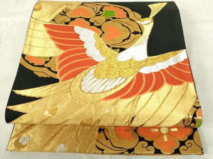 平和屋着物◎六通柄袋帯　鳳凰花文　黒地　金銀糸　正絹　逸品　DABA5956qp