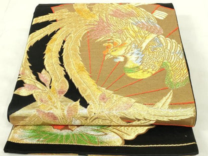 平和屋着物◎六通柄袋帯　唐織　鳳凰花文　黒地　金銀糸　正絹　逸品　DABA5959qp