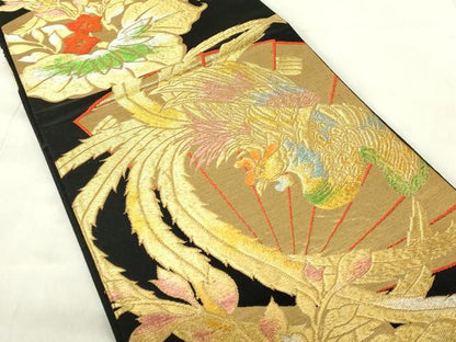 平和屋着物◎六通柄袋帯　唐織　鳳凰花文　黒地　金銀糸　正絹　逸品　DABA5959qp