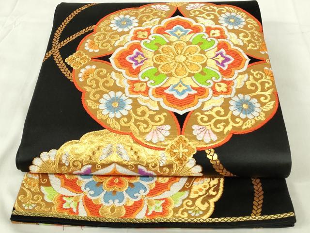 平和屋着物◎六通柄袋帯 唐織 鏡裏花文 黒地 金銀糸 正絹 逸品 DABA5971qp