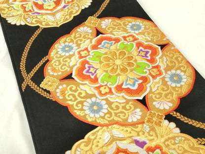 平和屋着物◎六通柄袋帯 唐織 鏡裏花文 黒地 金銀糸 正絹 逸品 DABA5971qp