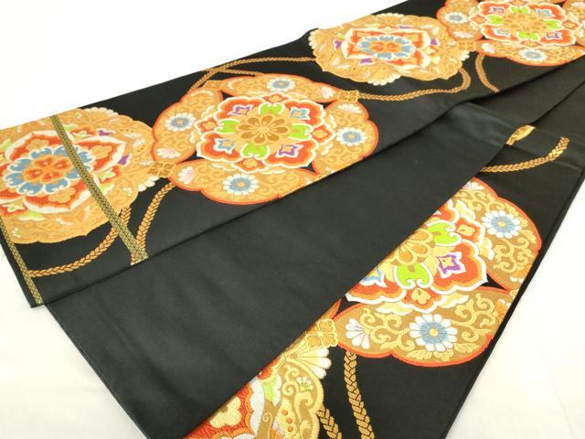 平和屋着物◎六通柄袋帯 唐織 鏡裏花文 黒地 金銀糸 正絹 逸品 DABA5971qp