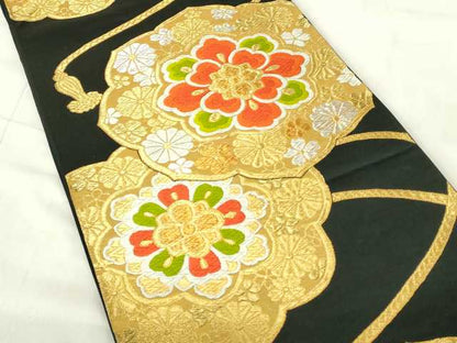 平和屋着物◎六通柄袋帯　唐織　鏡裏花文　黒地　金銀糸　正絹　逸品　DABA5977qp