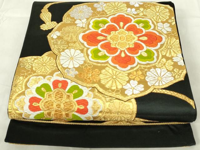 平和屋着物◎六通柄袋帯　唐織　鏡裏花文　黒地　金銀糸　正絹　逸品　DABA5977qp