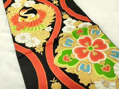 平和屋着物◎六通柄袋帯　唐織　立涌花文　黒地　金銀糸　正絹　逸品　DABA5996qp