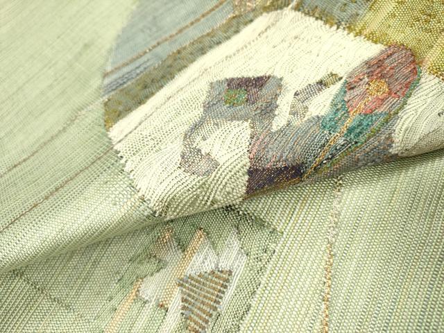 平和屋着物●太鼓柄袋帯　紬地　すくい織　風景鳥文　金糸　正絹　逸品　DABA6024op