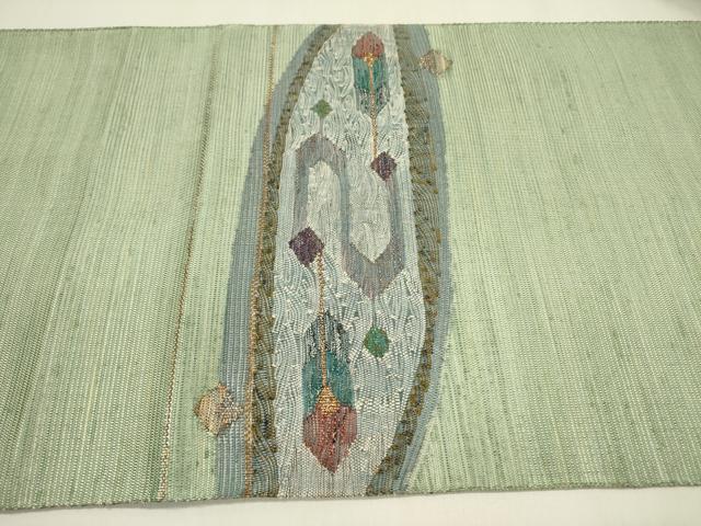 平和屋着物●太鼓柄袋帯　紬地　すくい織　風景鳥文　金糸　正絹　逸品　DABA6024op