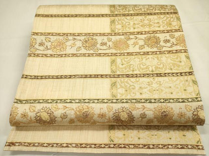 平和屋着物▽六通柄袋帯 スリーシーズン 春夏秋 横段花文 金糸 正絹 逸品 DABA6028op