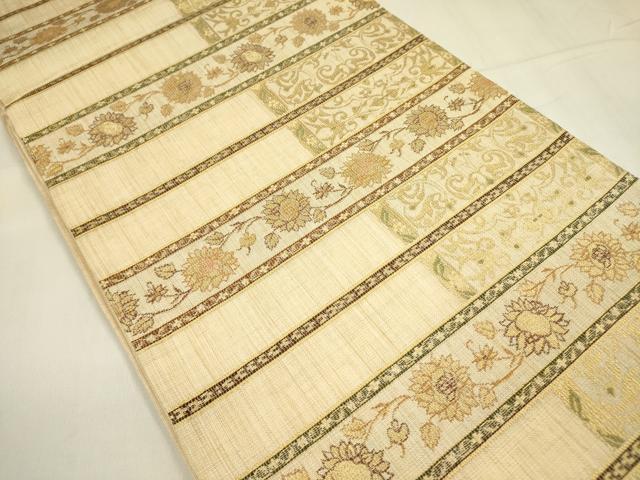 平和屋着物▽六通柄袋帯 スリーシーズン 春夏秋 横段花文 金糸 正絹 逸品 DABA6028op