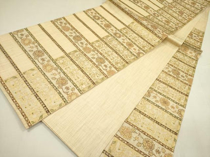 平和屋着物▽六通柄袋帯 スリーシーズン 春夏秋 横段花文 金糸 正絹 逸品 DABA6028op