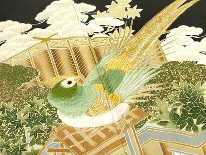 平和屋着物■豪華黒留袖　刺繍　尾長鳥風景花文　金彩　正絹　逸品　DABA6112op