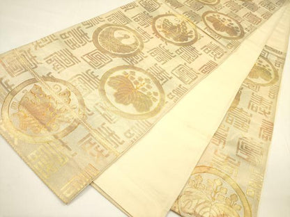 平和屋着物◎六通柄袋帯 舞蝶花鳥丸文 金糸 正絹 逸品 DABA6162op