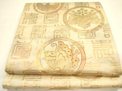 平和屋着物◎六通柄袋帯 舞蝶花鳥丸文 金糸 正絹 逸品 DABA6162op