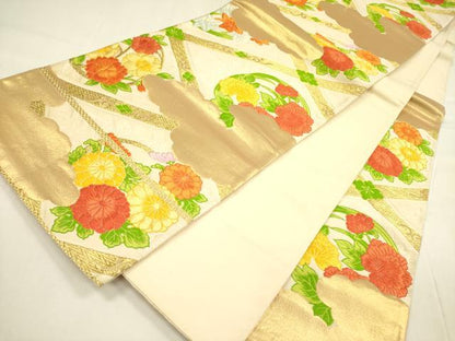 平和屋着物◎六通柄袋帯　唐織　雲取花文　金糸　正絹　逸品　DABA6164op