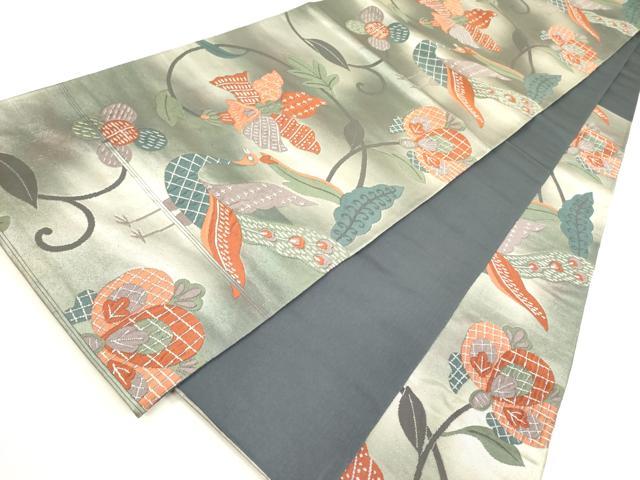 平和屋着物◎六通柄袋帯　花鳥文　引箔　正絹　逸品　DABA6182op