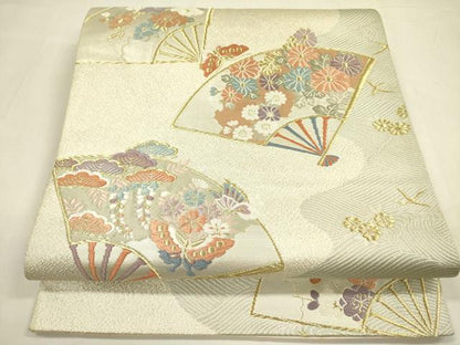 平和屋着物◎六通柄袋帯　唐織　扇面花文　金糸　正絹　逸品　DABA6200op
