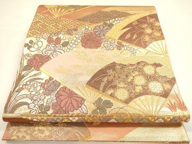 平和屋着物◎六通柄袋帯　扇面花文　本うるし箔　金糸　正絹　逸品　DABA6202op