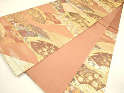 平和屋着物◎六通柄袋帯　扇面花文　本うるし箔　金糸　正絹　逸品　DABA6202op
