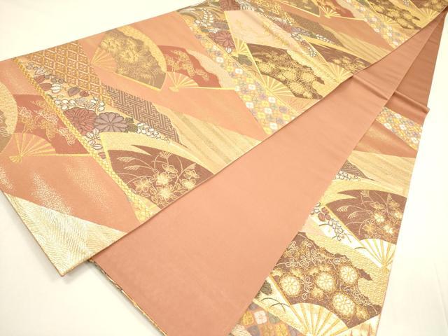 平和屋着物◎六通柄袋帯　扇面花文　本うるし箔　金糸　正絹　逸品　DABA6202op