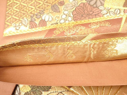 平和屋着物◎六通柄袋帯　扇面花文　本うるし箔　金糸　正絹　逸品　DABA6202op