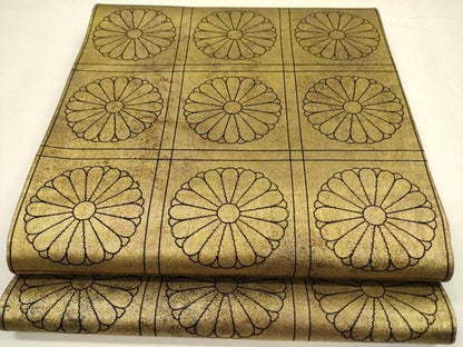 平和屋着物◎六通柄袋帯　格子菊文　金糸　引箔　正絹　逸品　DABA6208op