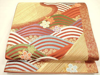 平和屋着物◎六通柄袋帯　唐織　流水花文　金糸　正絹　逸品　DABA6214op