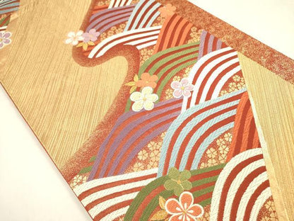 平和屋着物◎六通柄袋帯　唐織　流水花文　金糸　正絹　逸品　DABA6214op