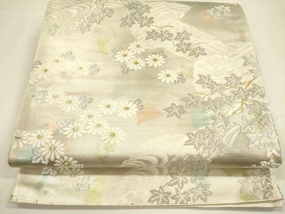 平和屋着物◎六通柄袋帯　流水草花文　金銀糸　引箔　正絹　逸品　DABA6218op