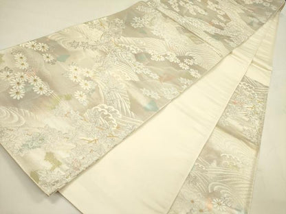 平和屋着物◎六通柄袋帯　流水草花文　金銀糸　引箔　正絹　逸品　DABA6218op