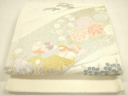 平和屋着物◎太鼓柄袋帯　鴛鴦花文　金銀糸　正絹　逸品　DABA6227op