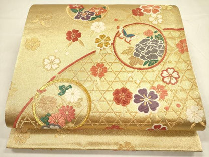 平和屋着物◎六通柄袋帯　唐織　舞蝶花文　金糸　正絹　逸品　DABA6241op