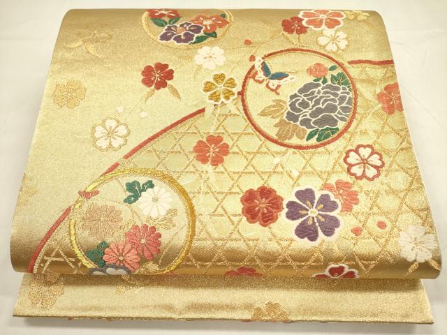 平和屋着物◎六通柄袋帯　唐織　舞蝶花文　金糸　正絹　逸品　DABA6241op