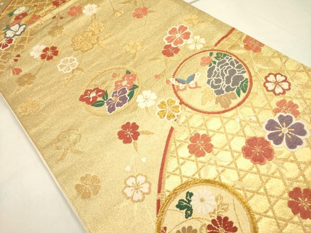 平和屋着物◎六通柄袋帯　唐織　舞蝶花文　金糸　正絹　逸品　DABA6241op