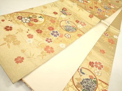 平和屋着物◎六通柄袋帯　唐織　舞蝶花文　金糸　正絹　逸品　DABA6241op