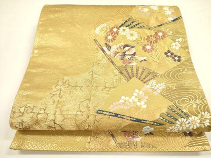 平和屋着物◎六通柄袋帯　唐織　扇面鴛鴦花文　金糸　正絹　逸品　DABA6248op