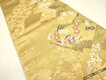平和屋着物◎六通柄袋帯　唐織　扇面鴛鴦花文　金糸　正絹　逸品　DABA6248op