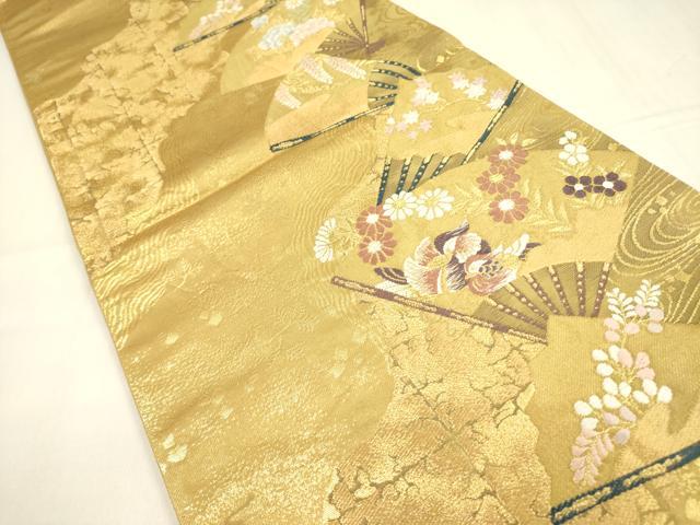 平和屋着物◎六通柄袋帯　唐織　扇面鴛鴦花文　金糸　正絹　逸品　DABA6248op