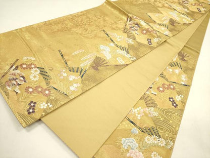 平和屋着物◎六通柄袋帯　唐織　扇面鴛鴦花文　金糸　正絹　逸品　DABA6248op