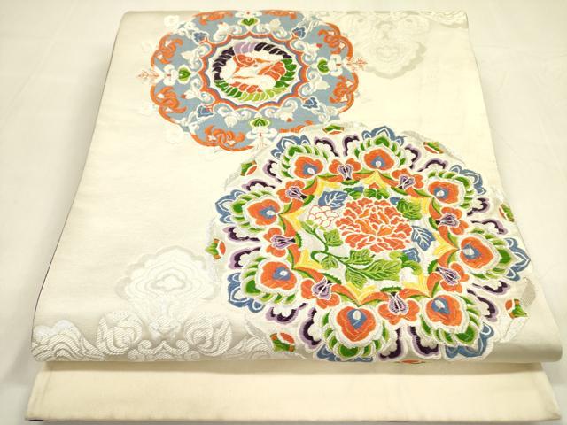 平和屋着物◎六通柄袋帯　唐織　正倉院花鳥文　銀糸　正絹　逸品　DABA6251op