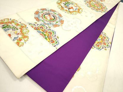 平和屋着物◎六通柄袋帯　唐織　正倉院花鳥文　銀糸　正絹　逸品　DABA6251op