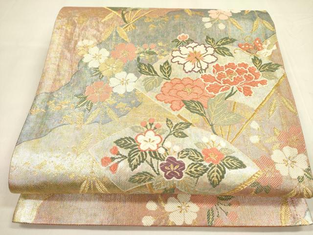 平和屋着物◎佐賀錦　六通柄袋帯　唐織　扇面花文　金糸　正絹　逸品　DABA6254op