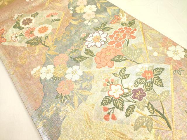 平和屋着物◎佐賀錦　六通柄袋帯　唐織　扇面花文　金糸　正絹　逸品　DABA6254op 六通柄袋帯 平和屋着物◎佐賀錦 金糸 900錦 扇面孔雀花文 扇面花文