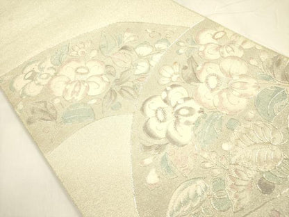平和屋着物◎太鼓柄袋帯 駒刺繍 地紙花文 正絹 逸品 DABA6259op